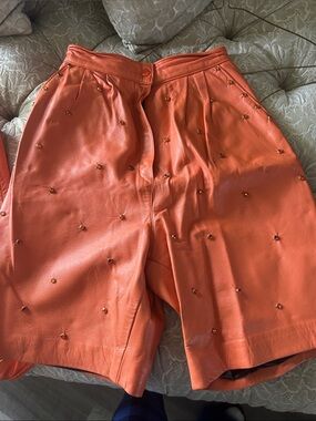 Embellished Orange Women's Leather Bermuda Shorts